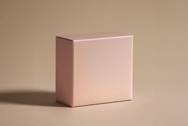 Pastel pink cardboard box on beige background