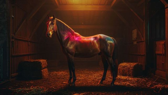 Majestic chestnut horse in atmospheric wooden stable
