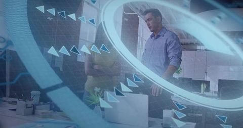 Team Collaborating with Holographic Interface in Open-Plan Office Analyzing Data