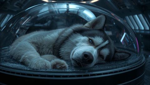 Sleeping Siberian Husky Resting Inside Futuristic Cryogenic Dome in Neon Tech Lab Chamber
