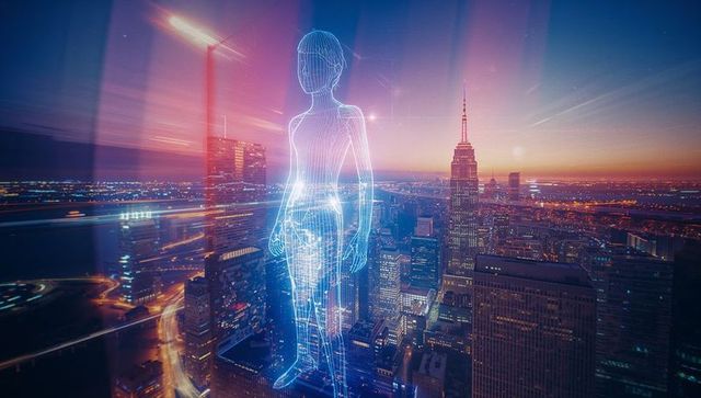 Digital Wireframe Silhouette Over Urban Skyline at Dusk