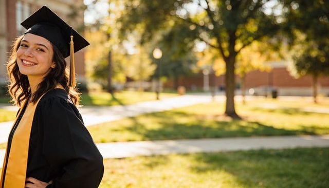 Smiling female graduate wearing mortarboard, gown and gold stole on sunny campus lawn