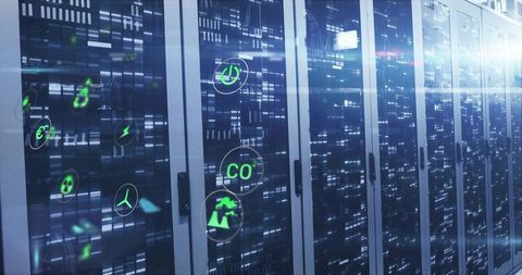 Futuristic Server Room with Highlighted Efficiency Icons in Operation