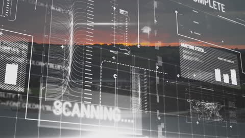 Futuristic Infographic Interface Over Serene Sea and Mountain Scenery