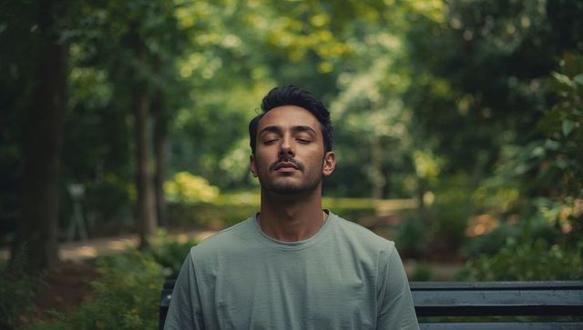 Asian Male Relaxing Mindfully in Lush Park Environment