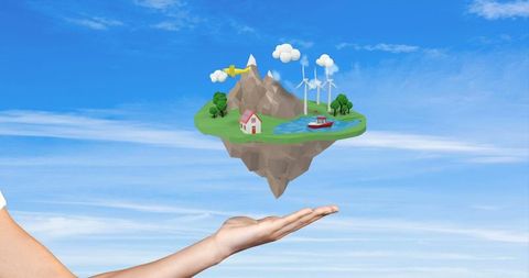 Hand Presenting Floating Island with Renewable Energy Elements
