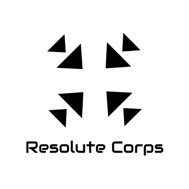 Image displays a modern abstract business logo with the text 'Resolute Corps' in black beneath a geometric design of black triangles on a white background. Ideal for corporate branding, logo design inspiration, minimalist branding materials, and modern business identity graphics.