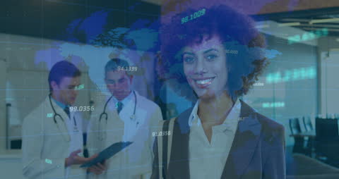 Smiling Businesswoman with Doctors in Background, Digital Technology Theme