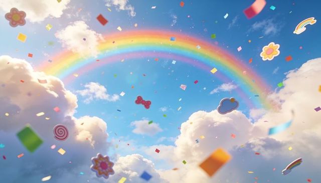 Arching rainbow across dreamy blue sky with floating confetti and whimsical stickers