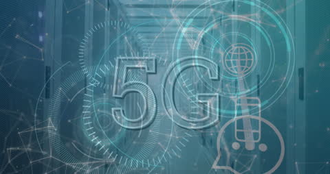 5G Technology Concept with Server Room and Data Interface