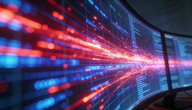 Curved ultrawide monitors streaming neon red and blue data streaks for analytics