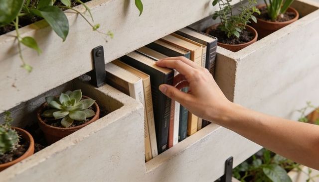 Hand reaching for paperback in concrete planter bookshelf with succulents and pots