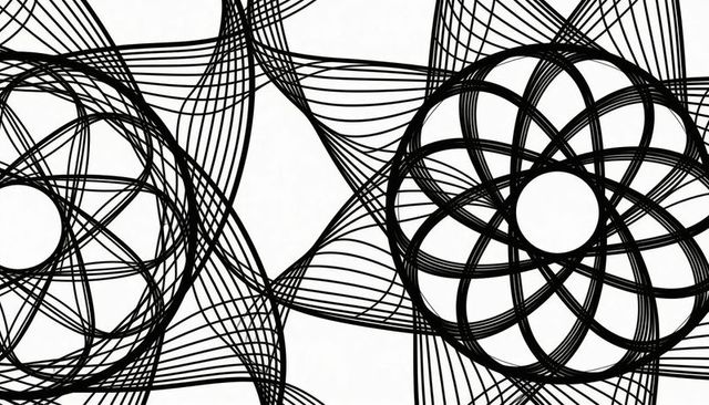 Forming monochrome spirograph rosettes with flowing curved lines on white background