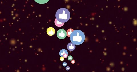 Floating multicolor thumbs-up badges drifting through glowing bokeh cosmic background