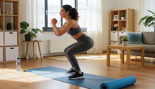 Young woman performing home squat workout on yoga mat in bright minimalist living room