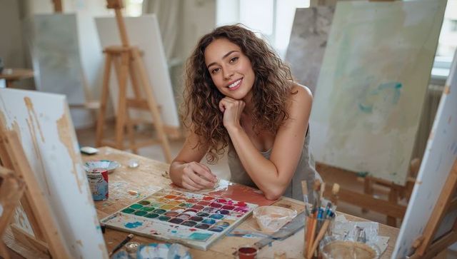 Smiling female artist leaning over studio table holding colorful palette and brushes