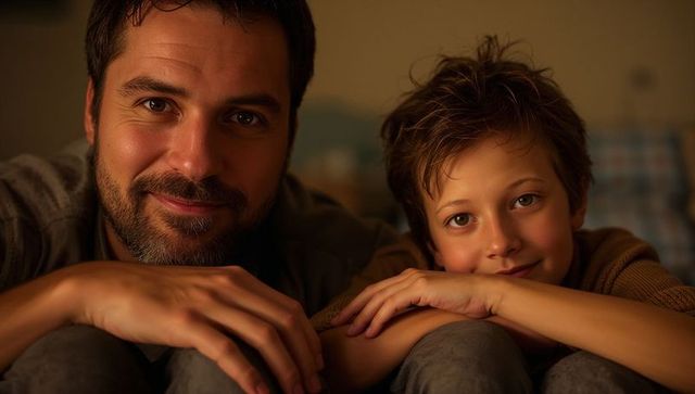 Father and son cuddling on couch in warm living room, evening family bonding portrait