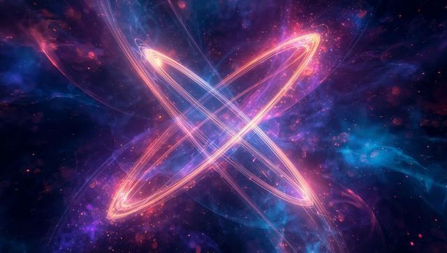 Pulsing Neon Orbit Rings Crossing Glowing Nebula, Futuristic Cosmic Energy Abstract