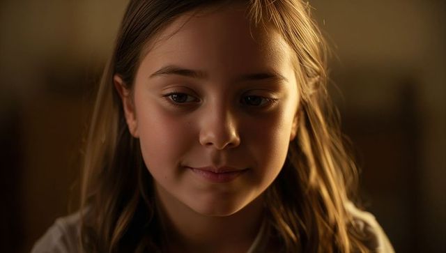 Warm soft-lit portrait preteen girl gazing calmly in amber glow