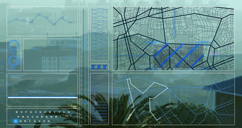 Futuristic Data Analysis Interface with Urban Cityscape Backdrop