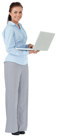 Confident Businesswoman Holding Laptop on Transparent Background