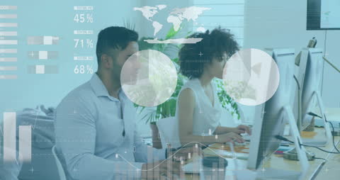 Data Analysis in Modern Office with Digital Interface Overlay