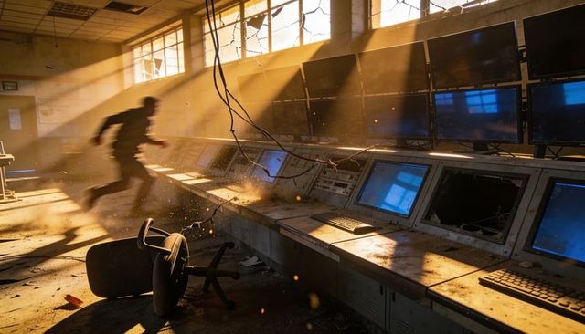 Man sprinting through abandoned control room with sunlit dust and broken monitors