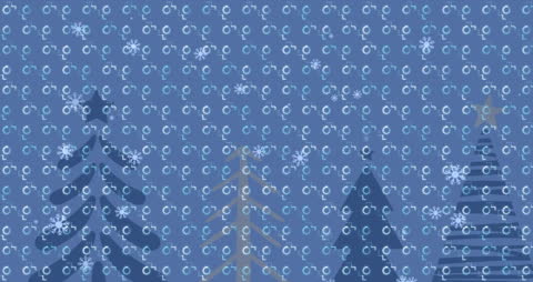 Festive Patterned Christmas Trees with Falling Snowflakes