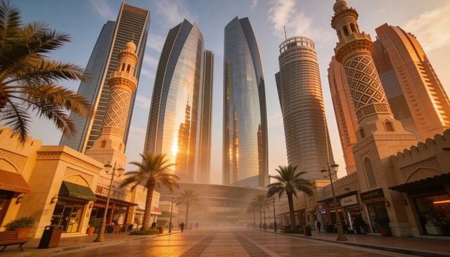 Golden sunrise reflecting on abu dhabi etihad towers with minarets and palm promenade