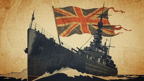 Vintage naval warship with billowing british empire flag