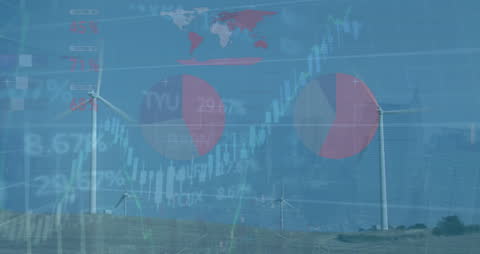 Animation of Data Graphics over Wind Turbine Landscape Concept