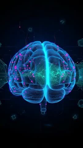 Rotating Wireframe Brain with Pulsing Neural Nodes and Shifting Energy Waves (Vertical)