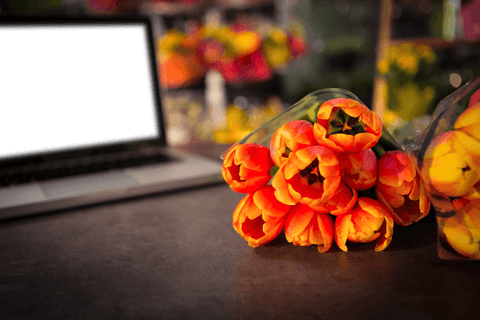 Vibrant tulip bouquet rests gracefully next to open laptop in transparent view