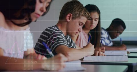 Students Analyzing Statistical Data in Classroom with Digital Overlay