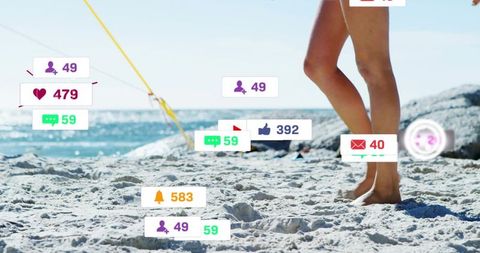Sunlit beach legs with social media notifications overlay for influencer engagement