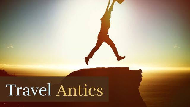 This image depicts a person enjoying an adventurous jump off a cliff during sunset. The text 'Travel Antics' suggests travel-related excitement and outdoor exploration. Ideal for use in travel blogs, adventure tourism advertisements, motivational posters, and social media posts related to adventure travel.