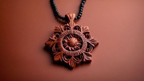 Ornate sandalwood pendant with black bead necklace in studio