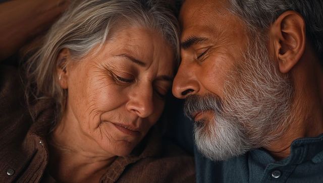 Senior couple resting cheek-to-cheek closeup showing tenderness and quiet companionship