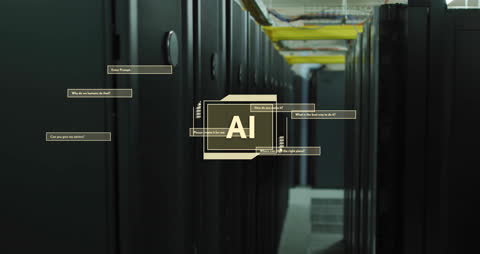 AI Dialogue Interface Rendered in Modern Server Room