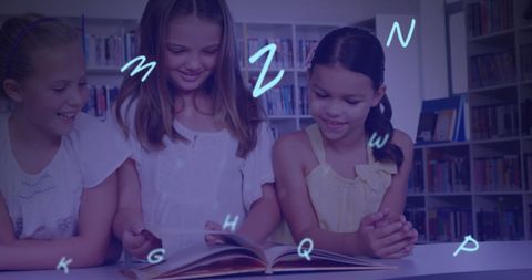 Diverse Girls Enjoying Learning with Floating Alphabets in School Library