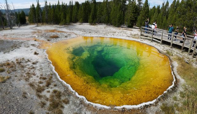 This depicts tourists observing the colorful Morning Glory Pool in Yellowstone National Park. Vivid hues of yellow, green, and blue indicate the pool's geothermal activity. Great for travel blogs, tourism advertisements, educational materials on natural wonders, or ecological awareness campaigns.