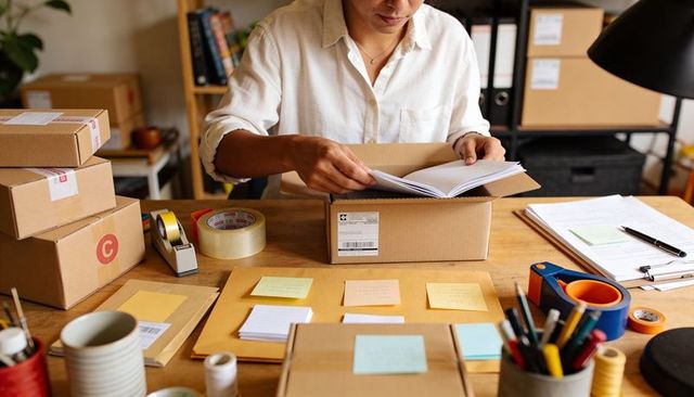 Home entrepreneur packing booklets for shipping in organized small business workspace