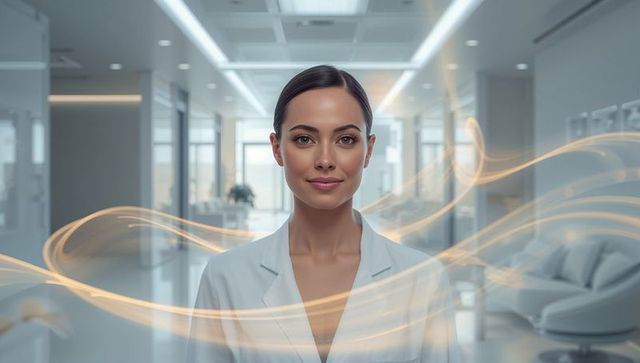 Female clinician standing in bright clinic corridor with golden light trails conveying innovation