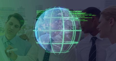 Business Professionals Engaging with Holographic Globe