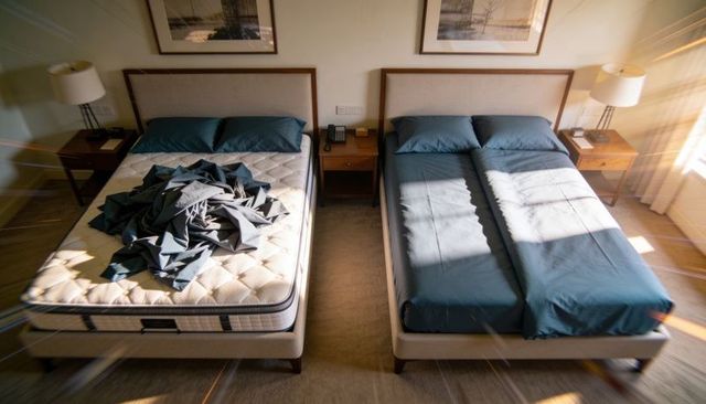Sunlit twin beds with one unmade and one made, hotel room telephone on nightstand