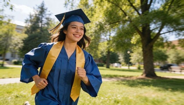 Joyful college graduate running on campus quad in blue gown and gold stole, tassel trailing