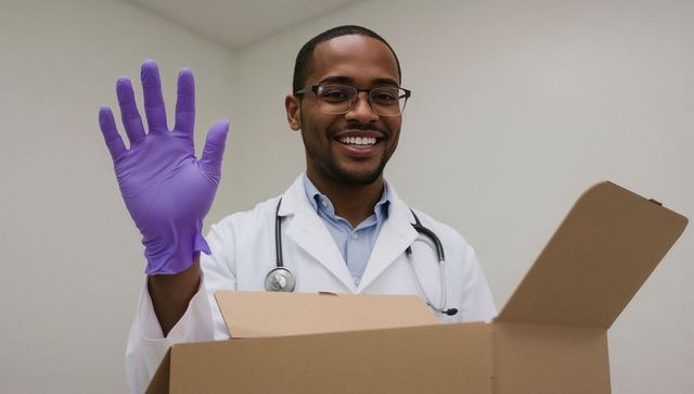 Smiling doctor waving gloved hand from open box in clinic with stethoscope