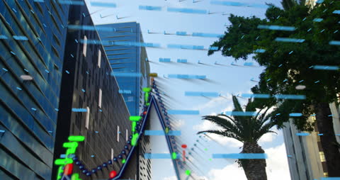 Data Visualizations Over Urban Skyline Highlighting Global Networking