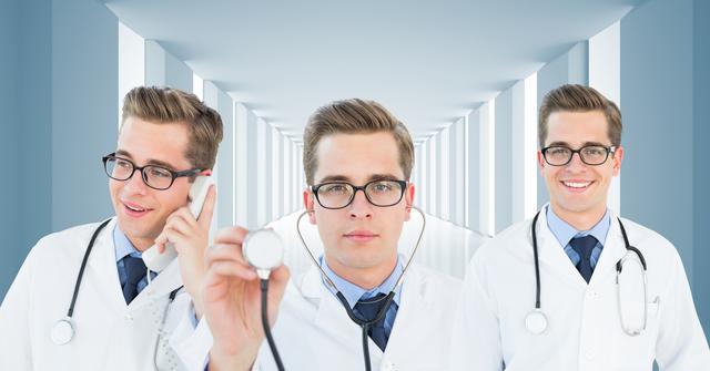 Male doctor in white coat holding stethoscope and talking on phone in a modern hospital corridor. Ideal for use in healthcare, medical, and professional communication contexts. Can be used for promoting medical services, illustrating healthcare articles, or advertising medical equipment.