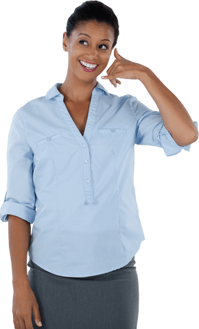 Transparent professional woman pretending phone gesture
